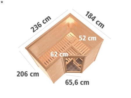 Karibu Sauna Sahib 2 inkl. 9-kW-Ofen mit externer Steuerung, ohne Dachkranz, mit energiesparender Sa