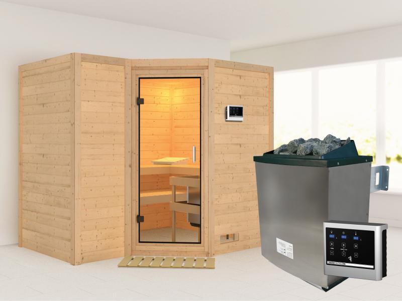 Karibu Sauna Sahib 2 inkl. Ofen mit ext. Steuerung, ohne Dachkranz, mit Klarglas Ganzglastür