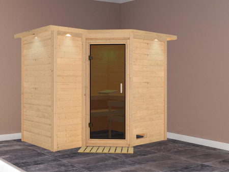 Karibu Sauna Sahib 2 ohne Ofen, mit Dachkranz, mit moderner Saunatür
