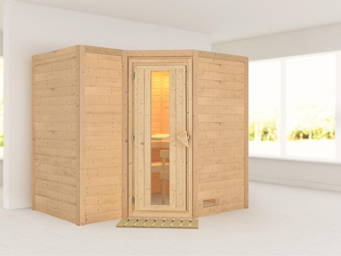 Karibu Sauna Sahib 2 ohne Ofen, ohne Dachkranz, mit energiesparender Saunatür