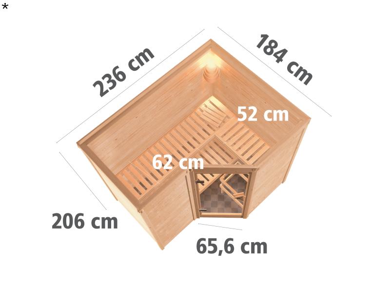 Karibu Sauna Sahib 2 ohne Ofen, ohne Dachkranz, mit energiesparender Saunatür