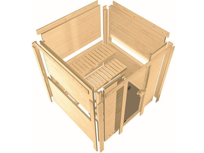 Karibu Sauna Sahib 2 ohne Ofen, ohne Dachkranz, mit energiesparender Saunatür
