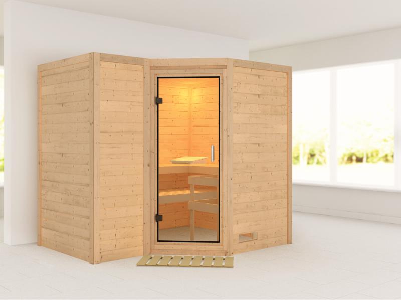 Karibu Sauna Sahib 2 ohne Ofen, ohne Dachkranz, mit Klarglas Ganzglastür