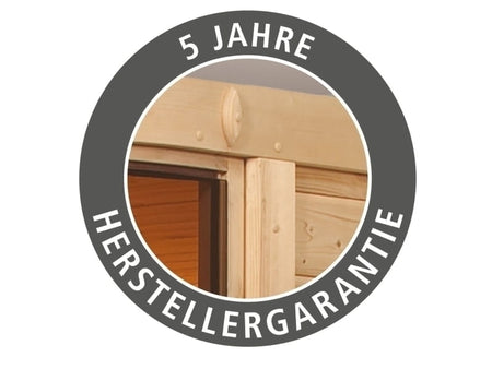 Karibu Sauna Sandra inkl. 9 kW Bioofen ext. Strg mit klassischer Saunatür -mit Dachkranz-