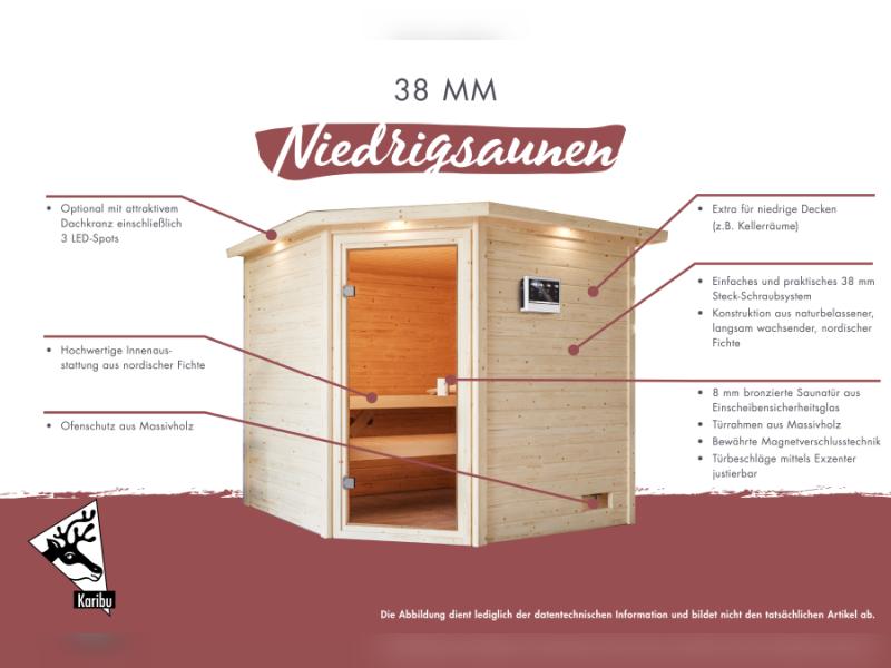 Karibu Sauna Sandra inkl. 9 kW Bioofen ext. Steuerung mit klassischer Tür -ohne Dachkranz-