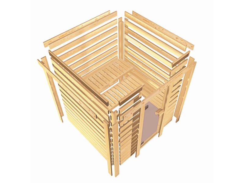 Karibu Sauna Sandra inkl. 9 kW Ofen ext. Steuerung mit klassischer Saunatür -mit Dachkranz-