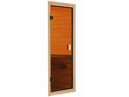 Karibu Sauna Sandra inkl. 9 kW Ofen ext. Steuerung mit klassischer Saunatür -mit Dachkranz-