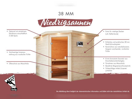Karibu Sauna Sandra inkl. 9 kW Ofen ext. Steuerung, mit klassicher Tür -ohne Dachkranz-