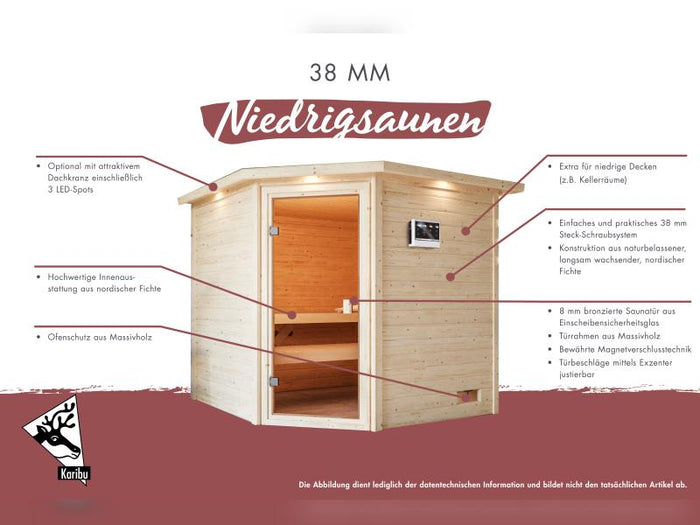 Karibu Sauna Sandra inkl. 9 kW Ofen ext. Steuerung, mit klassicher Tür -ohne Dachkranz-