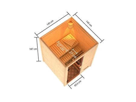 Karibu Sauna Sandra inkl. 9 kW Ofen ext. Steuerung, mit klassicher Tür -ohne Dachkranz-