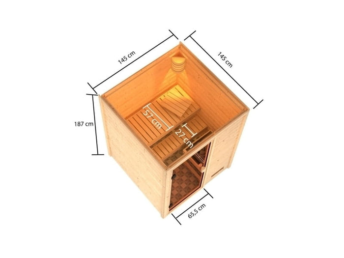 Karibu Sauna Sandra inkl. 9 kW Ofen ext. Steuerung, mit klassicher Tür -ohne Dachkranz-