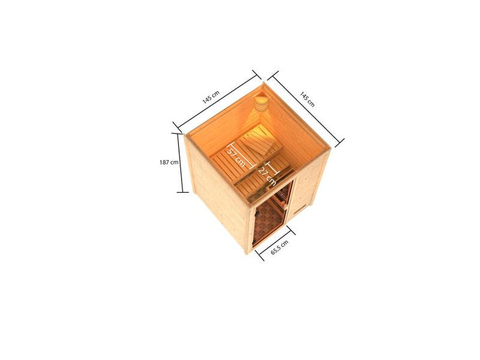 Karibu Sauna Sandra inkl. 9 kW Ofen integr. Steuerung mit klassischer Saunatür -ohne Dachkranz-