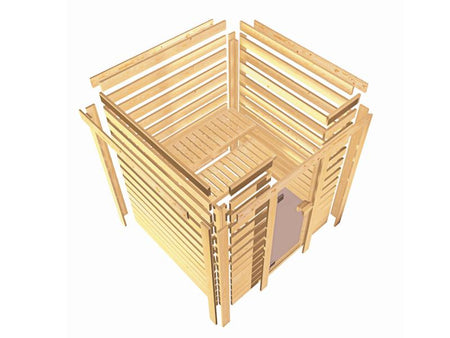 Karibu Sauna Sandra inkl. 9 kW Ofen integr. Steuerung mit klassischer Saunatür -ohne Dachkranz-