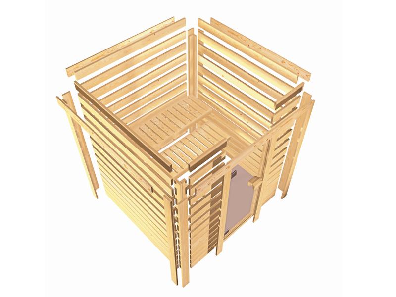Karibu Sauna Sandra inkl. 9 kW Ofen integr. Steuerung, mit klassicher Tür -mit Dachkranz-