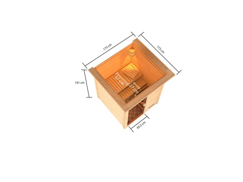 Karibu Sauna Sandra inkl. 9 kW Ofen integr. Steuerung, mit klassicher Tür -mit Dachkranz-