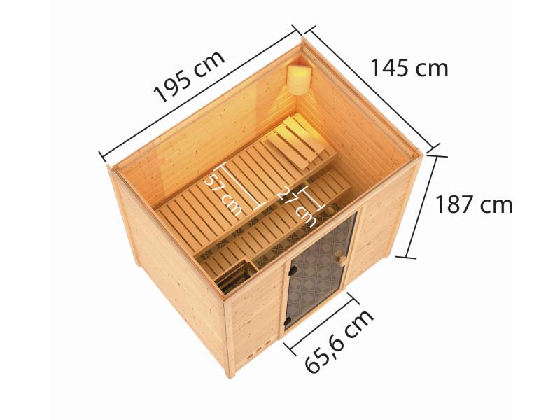 Karibu Sauna Selena inkl. 9 kW Bioofen ext. Steuerung mit klassischer Saunatür -ohne Dachkranz-
