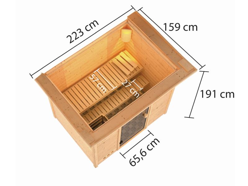 Karibu Sauna Selena inkl. 9 kW Bioofen ext. Steuerung mit klassischer Saunatür -mit Dachkranz-