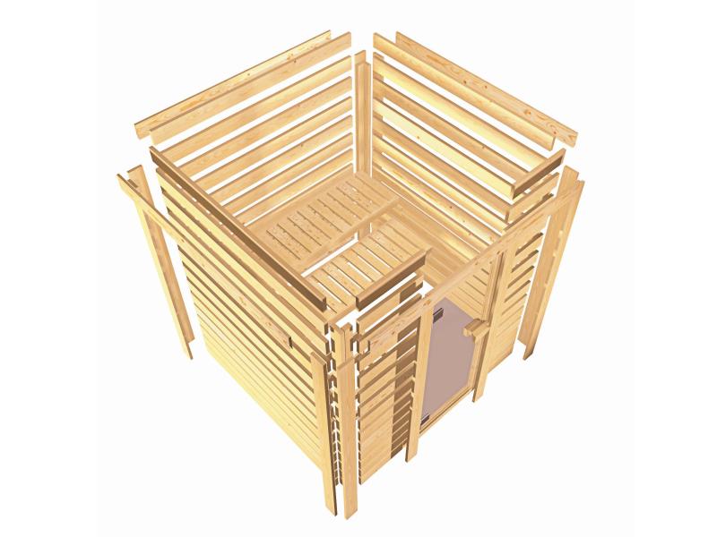 Karibu Sauna Selena inkl. 9 kW Ofen ext. Steuerung mit klassischer Saunatür -mit Dachkranz-
