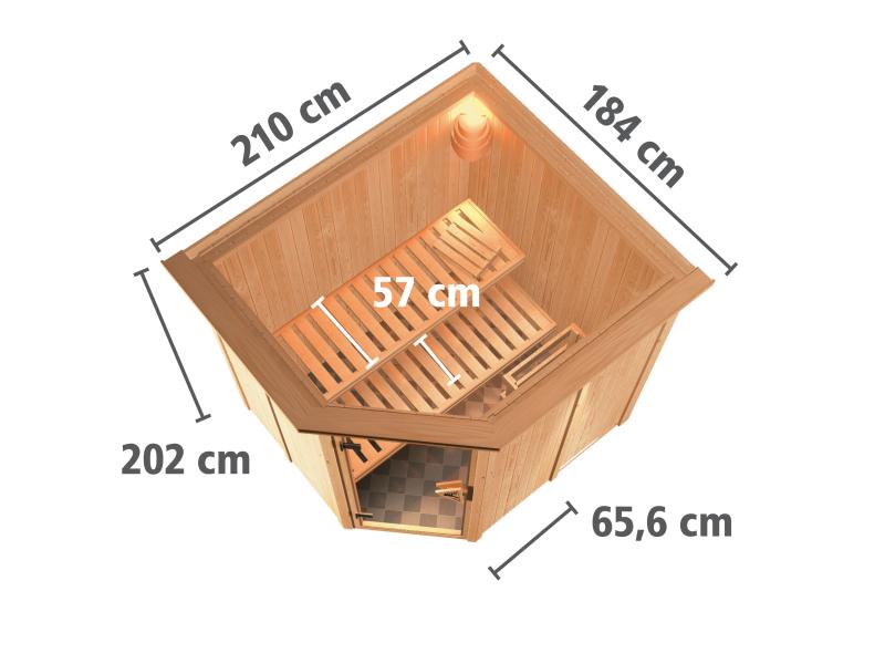 Karibu Sauna Siirin inkl. 9 kW Bioofen ext. Steuerung mit energiesparender Saunatür -mit Dachkranz-