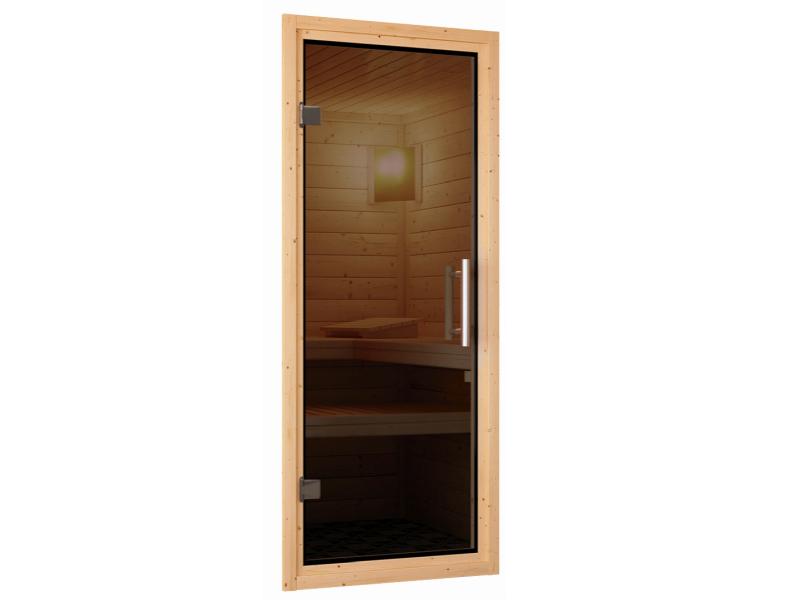 Karibu Sauna Siirin inkl. 9 kW Bioofen ext. Steuerung mit moderner Saunatür -mit Dachkranz-