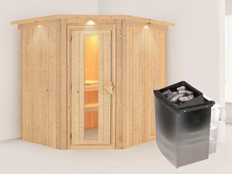 Karibu Sauna Siirin inkl. 9 kW Ofen integr. Steuerung mit energiesparender Saunatür - mit Dachkranz