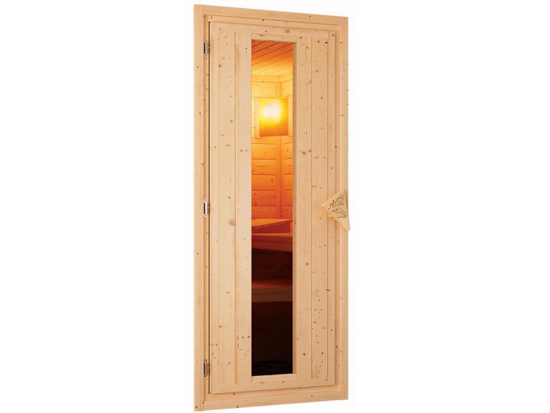 Karibu Sauna Siirin inkl. 9 kW Ofen integr. Steuerung mit energiesparender Saunatür - mit Dachkranz