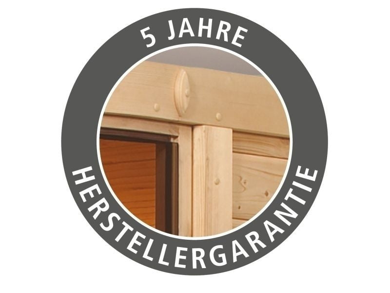 Karibu Sauna Siirin inkl. 9 kW Ofen integr. Steuerung mit moderner Saunatür -mit Dachkranz-