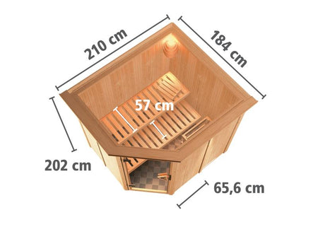 Karibu Sauna Siirin inkl. 9kW Bioofen ext. Steuerung mit klassischer Saunatür - mit Dachkranz -