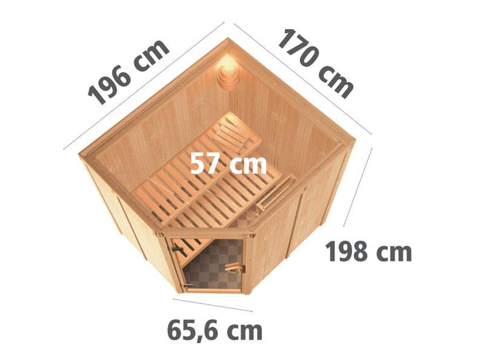 Karibu Sauna Siirin inkl. 9kW Ofen mit integr. Steuerung mit Klarglas Ganzglastür -ohne Dachkranz-