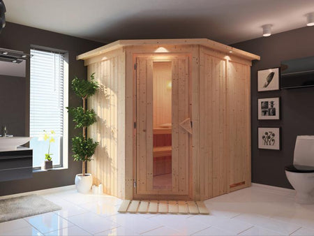 Karibu Sauna Siirin ohne Ofen, mit Dachkranz, mit energiesparender Saunatür