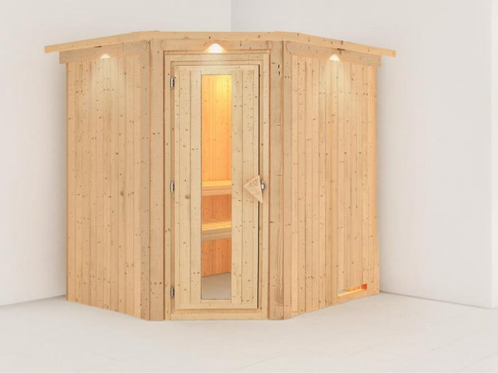 Karibu Sauna Siirin ohne Ofen, mit Dachkranz, mit energiesparender Saunatür