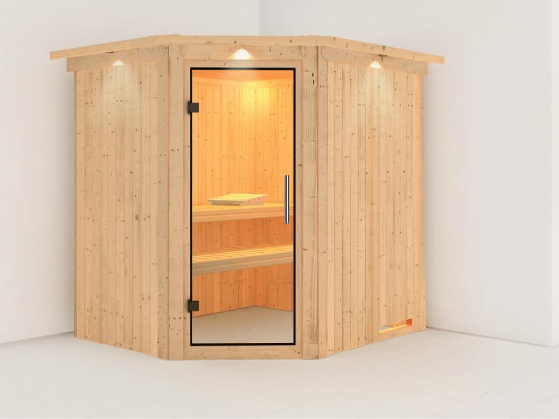 Karibu Sauna Siirin ohne Ofen, mit Dachkranz, mit Klarglas Ganzglastür