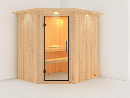 Karibu Sauna Siirin ohne Ofen, mit Dachkranz, mit Klarglas Ganzglastür