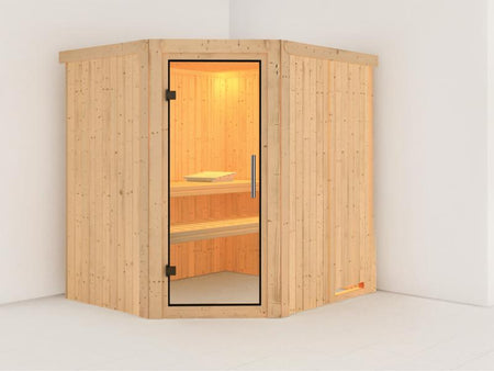 Karibu Sauna Siirin ohne Ofen, ohne Dachkranz, mit Klarglas Ganzglastür