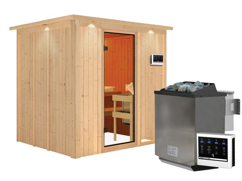 Karibu Sauna Sodin inkl. 9 kW Bioofen ext. Steuerung mit bronzierter Ganzglastür - mit Dachkranz -
