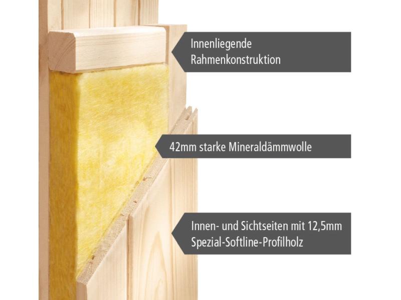 Karibu Sauna Sodin inkl. 9 kW Bioofen ext. Steuerung mit moderner Saunatür - mit Dachkranz -