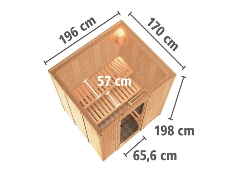 Karibu Sauna Sodin inkl. 9 kW Bioofen ext. Steuerung mit Klarglas Ganzglastür - ohne Dachkranz -