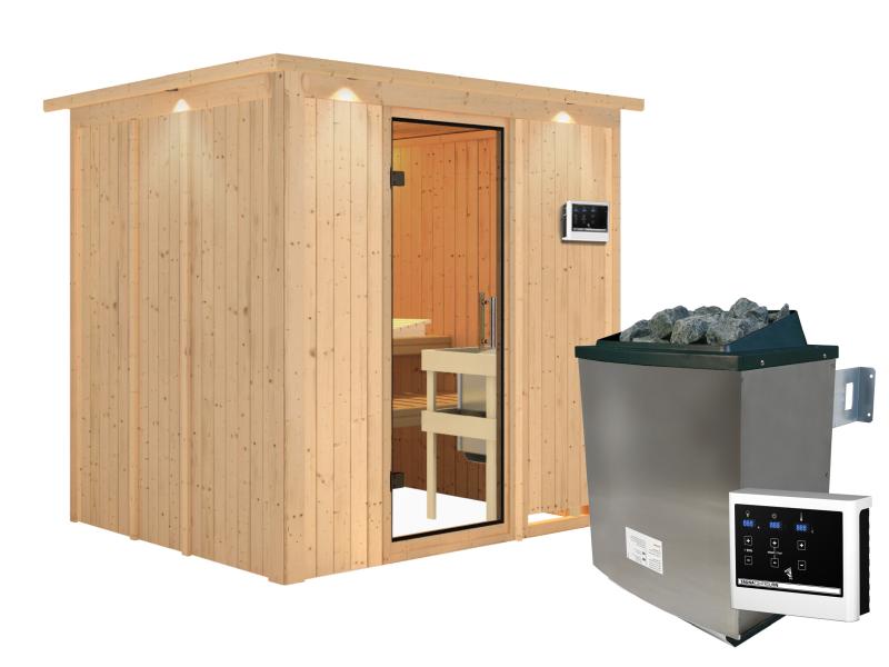 Karibu Sauna Sodin inkl. 9 kW Bioofen ext. Steuerung mit Klarglas Ganzglastür - mit Dachkranz -
