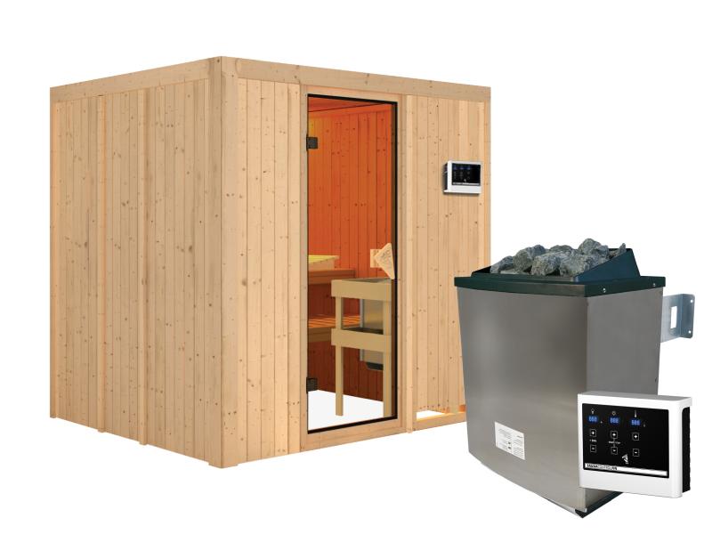 Karibu Sauna Sodin inkl. 9 kW Ofen ext. Steuerung mit bronzierter Ganzglastür - ohne Dachkranz -