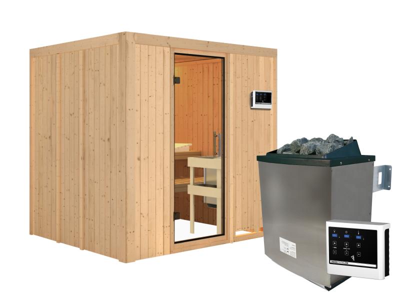 Karibu Sauna Sodin inkl. 9 kW Ofen ext. Steuerung mit Klarglas Ganzglastür - ohne Dachkranz -