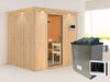 Karibu Sauna Sodin inkl. 9 kW Ofen ext. Steuerung mit Klarglas Ganzglastür - mit Dachkranz -