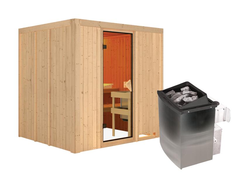 Karibu Sauna Sodin inkl. 9 kW Ofen integr. Steuerung  mit bronzierter Ganzglastür - ohne Dachkranz -