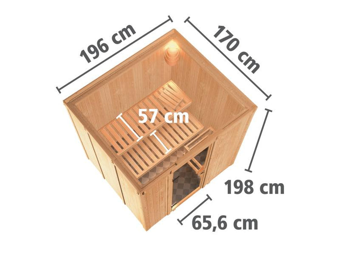 Karibu Sauna Sodin inkl. 9 kW Ofen integr. Steuerung mit energiesparender Saunatür - ohne Dachkranz