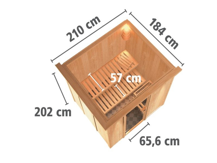 Karibu Sauna Sodin inkl. 9 kW Ofen integr. Steuerung mit Klarglas Ganzglastür - mit Dachkranz -