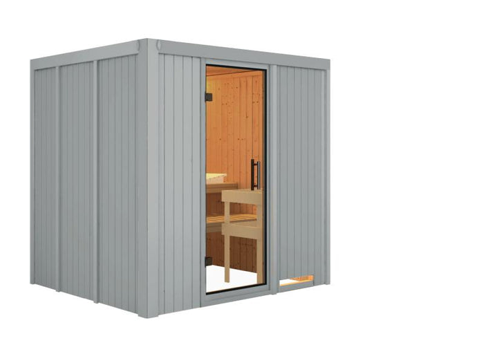 Karibu Sauna Sodin ohne Ofen in lichtgrau, ohne Dachkranz, mit Klarglas Ganzglastür