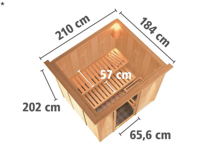 Karibu Sauna Sodin ohne Ofen in lichtgrau, ohne Dachkranz, mit Klarglas Ganzglastür