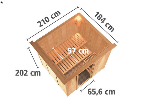 Karibu Sauna Sodin ohne Ofen, mit Dachkranz, mit Klarglas Ganzglastür