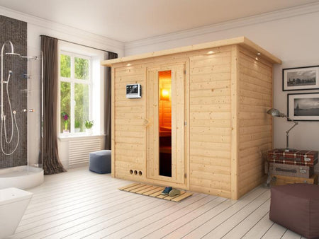 Karibu Sauna Sonara inkl. 9-kW-Bioofen mit externer Steuerung, mit Dachkranz, mit energiesparender S