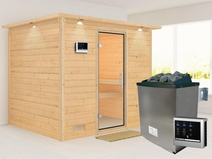 Karibu Sauna Sonara inkl. 9 kW Ofen mit ext. Steuerung, mit Dachkranz, mit Klarglas Ganzglastür