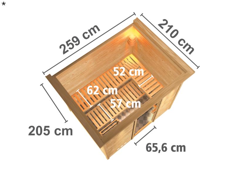 Karibu Sauna Sonara inkl. 9 kW Ofen mit ext. Steuerung, mit Dachkranz, mit Klarglas Ganzglastür